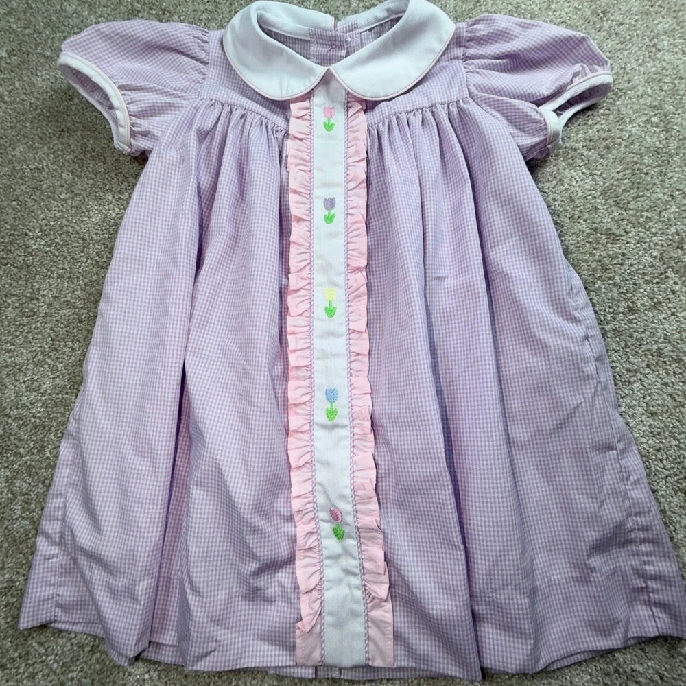 Zucchini Kids Purple Gingham Floral Embroidered Peter Pan Collar Dress Size 4